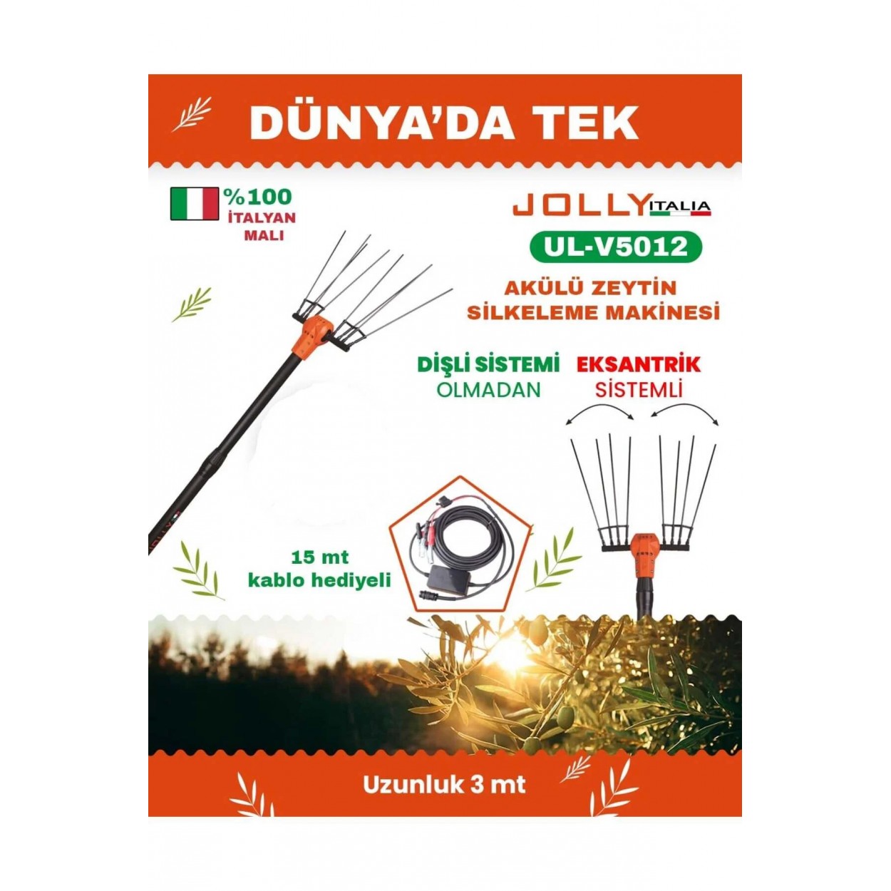 Jolly UL-V5012 Akülü Zeytin Hasat Makinesi – 36V, 950 Bpm, Karbon Fiber Çubuklu, Teleskopik Alüminyum Gövde